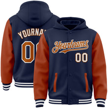 Загрузить изображение в средство просмотра галереи, Custom Navy Texas Orange-White Bomber Full-Snap Varsity Letterman Two Tone Hoodie Jacket
