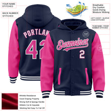 Charger l&#39;image dans la galerie, Custom Navy Pink-White Bomber Full-Snap Varsity Letterman Two Tone Hoodie Jacket
