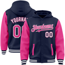 Charger l&#39;image dans la galerie, Custom Navy Pink-White Bomber Full-Snap Varsity Letterman Two Tone Hoodie Jacket
