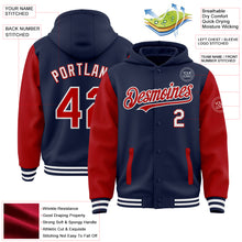 Charger l&#39;image dans la galerie, Custom Navy Red-White Bomber Full-Snap Varsity Letterman Two Tone Hoodie Jacket
