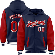 Load image into Gallery viewer, Custom Navy Red-White Bomber Full-Snap Varsity Letterman Two Tone Hoodie Jacket
