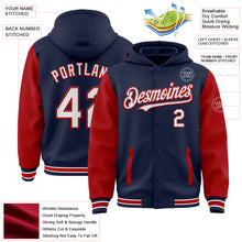 Charger l&#39;image dans la galerie, Custom Navy White-Red Bomber Full-Snap Varsity Letterman Two Tone Hoodie Jacket
