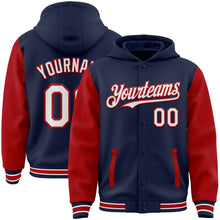 Charger l&#39;image dans la galerie, Custom Navy White-Red Bomber Full-Snap Varsity Letterman Two Tone Hoodie Jacket
