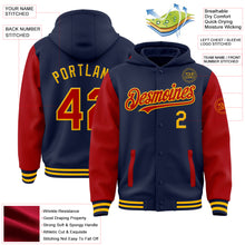 Загрузить изображение в средство просмотра галереи, Custom Navy Red-Gold Bomber Full-Snap Varsity Letterman Two Tone Hoodie Jacket
