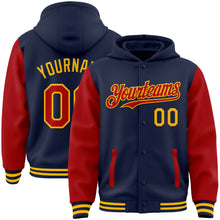 Laden Sie das Bild in den Galerie-Viewer, Custom Navy Red-Gold Bomber Full-Snap Varsity Letterman Two Tone Hoodie Jacket
