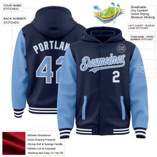 Загрузить изображение в средство просмотра галереи, Custom Navy Light Blue-White Bomber Full-Snap Varsity Letterman Two Tone Hoodie Jacket
