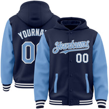 Загрузить изображение в средство просмотра галереи, Custom Navy Light Blue-White Bomber Full-Snap Varsity Letterman Two Tone Hoodie Jacket
