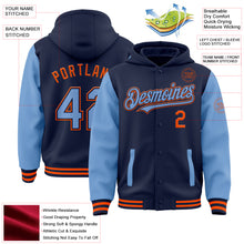 Charger l&#39;image dans la galerie, Custom Navy Light Blue-Orange Bomber Full-Snap Varsity Letterman Two Tone Hoodie Jacket
