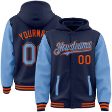 Загрузить изображение в средство просмотра галереи, Custom Navy Light Blue-Orange Bomber Full-Snap Varsity Letterman Two Tone Hoodie Jacket
