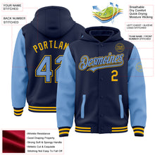 Загрузить изображение в средство просмотра галереи, Custom Navy Light Blue-Gold Bomber Full-Snap Varsity Letterman Two Tone Hoodie Jacket
