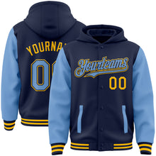 Загрузить изображение в средство просмотра галереи, Custom Navy Light Blue-Gold Bomber Full-Snap Varsity Letterman Two Tone Hoodie Jacket
