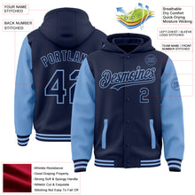 Загрузить изображение в средство просмотра галереи, Custom Navy Light Blue Bomber Full-Snap Varsity Letterman Two Tone Hoodie Jacket
