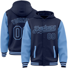 Charger l&#39;image dans la galerie, Custom Navy Light Blue Bomber Full-Snap Varsity Letterman Two Tone Hoodie Jacket
