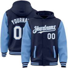 Charger l&#39;image dans la galerie, Custom Navy White-Light Blue Bomber Full-Snap Varsity Letterman Two Tone Hoodie Jacket
