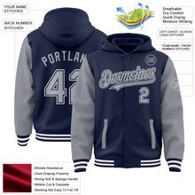 Laden Sie das Bild in den Galerie-Viewer, Custom Navy Gray-White Bomber Full-Snap Varsity Letterman Two Tone Hoodie Jacket
