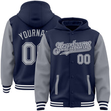 Charger l&#39;image dans la galerie, Custom Navy Gray-White Bomber Full-Snap Varsity Letterman Two Tone Hoodie Jacket
