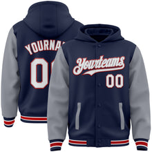 Загрузить изображение в средство просмотра галереи, Custom Navy Gray-Red Bomber Full-Snap Varsity Letterman Two Tone Hoodie Jacket
