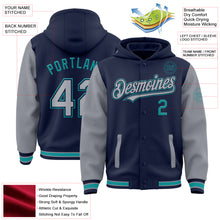 Charger l&#39;image dans la galerie, Custom Navy Gray-Teal Bomber Full-Snap Varsity Letterman Two Tone Hoodie Jacket
