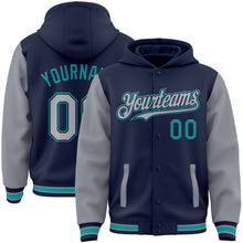 Charger l&#39;image dans la galerie, Custom Navy Gray-Teal Bomber Full-Snap Varsity Letterman Two Tone Hoodie Jacket
