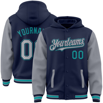 Custom Navy Gray-Teal Bomber Full-Snap Varsity Letterman Two Tone Hoodie Jacket