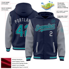 Load image into Gallery viewer, Custom Navy Teal-Gray Bomber Full-Snap Varsity Letterman Two Tone Hoodie Jacket
