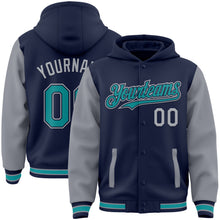 Charger l&#39;image dans la galerie, Custom Navy Teal-Gray Bomber Full-Snap Varsity Letterman Two Tone Hoodie Jacket
