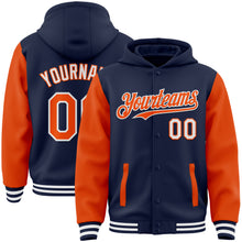 Charger l&#39;image dans la galerie, Custom Navy Orange-White Bomber Full-Snap Varsity Letterman Two Tone Hoodie Jacket
