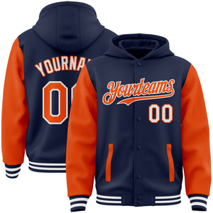 Custom Navy Orange-White Bomber Full-Snap Varsity Letterman Two Tone Hoodie Jacket