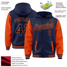 Загрузить изображение в средство просмотра галереи, Custom Navy Orange Bomber Full-Snap Varsity Letterman Two Tone Hoodie Jacket
