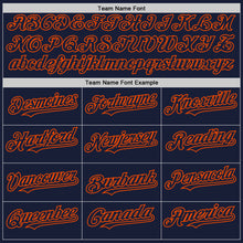 Load image into Gallery viewer, Custom Navy Orange Bomber Full-Snap Varsity Letterman Two Tone Hoodie Jacket
