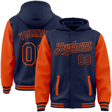 Charger l&#39;image dans la galerie, Custom Navy Orange Bomber Full-Snap Varsity Letterman Two Tone Hoodie Jacket
