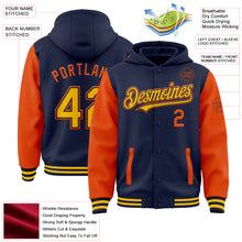 Загрузить изображение в средство просмотра галереи, Custom Navy Gold-Orange Bomber Full-Snap Varsity Letterman Two Tone Hoodie Jacket
