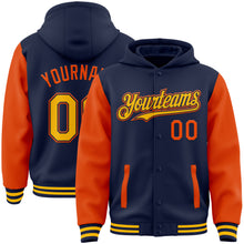 Загрузить изображение в средство просмотра галереи, Custom Navy Gold-Orange Bomber Full-Snap Varsity Letterman Two Tone Hoodie Jacket
