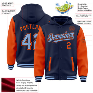 Custom Navy Light Blue-Orange Bomber Full-Snap Varsity Letterman Two Tone Hoodie Jacket