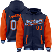 Load image into Gallery viewer, Custom Navy Light Blue-Orange Bomber Full-Snap Varsity Letterman Two Tone Hoodie Jacket
