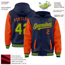 Charger l&#39;image dans la galerie, Custom Navy Neon Green-Orange Bomber Full-Snap Varsity Letterman Two Tone Hoodie Jacket
