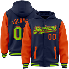 Laden Sie das Bild in den Galerie-Viewer, Custom Navy Neon Green-Orange Bomber Full-Snap Varsity Letterman Two Tone Hoodie Jacket
