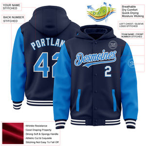 Custom Navy Powder Blue-White Bomber Full-Snap Varsity Letterman Two Tone Hoodie Jacket