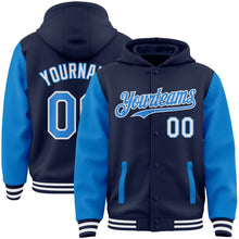 Charger l&#39;image dans la galerie, Custom Navy Powder Blue-White Bomber Full-Snap Varsity Letterman Two Tone Hoodie Jacket
