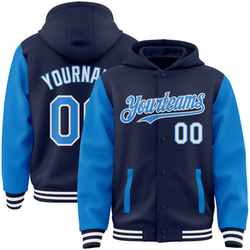 Custom Navy Electric Blue-White Bomber Full-Snap Varsity Letterman Two Tone Hoodie Jacket