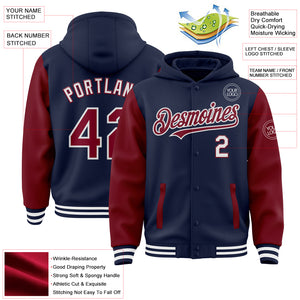 Custom Navy Crimson-White Bomber Full-Snap Varsity Letterman Two Tone Hoodie Jacket