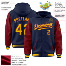 Загрузить изображение в средство просмотра галереи, Custom Navy Gold-Crimson Bomber Full-Snap Varsity Letterman Two Tone Hoodie Jacket
