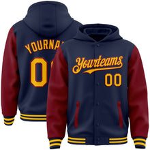 Charger l&#39;image dans la galerie, Custom Navy Gold-Crimson Bomber Full-Snap Varsity Letterman Two Tone Hoodie Jacket
