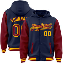 Charger l&#39;image dans la galerie, Custom Navy Crimson-Gold Bomber Full-Snap Varsity Letterman Two Tone Hoodie Jacket
