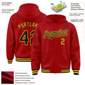 Custom Red Black-Gold Bomber Full-Snap Varsity Letterman Hoodie Jacket