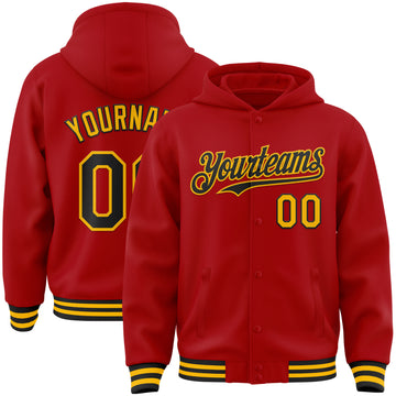 Custom Red Black-Gold Bomber Full-Snap Varsity Letterman Hoodie Jacket