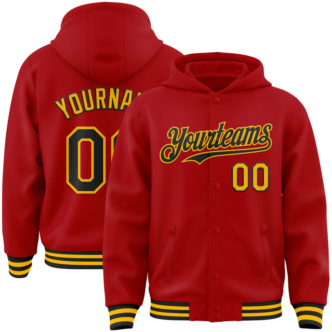 Custom Red Black-Gold Bomber Full-Snap Varsity Letterman Hoodie Jacket