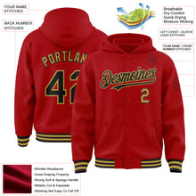 Загрузить изображение в средство просмотра галереи, Custom Red Black-Old Gold Bomber Full-Snap Varsity Letterman Hoodie Jacket
