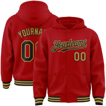 Загрузить изображение в средство просмотра галереи, Custom Red Black-Old Gold Bomber Full-Snap Varsity Letterman Hoodie Jacket
