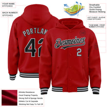 Laden Sie das Bild in den Galerie-Viewer, Custom Red Black-Gray Bomber Full-Snap Varsity Letterman Hoodie Jacket
